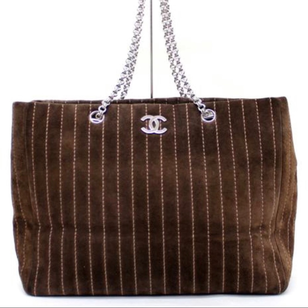 CHANEL Brown Suede Silver Tone Tote